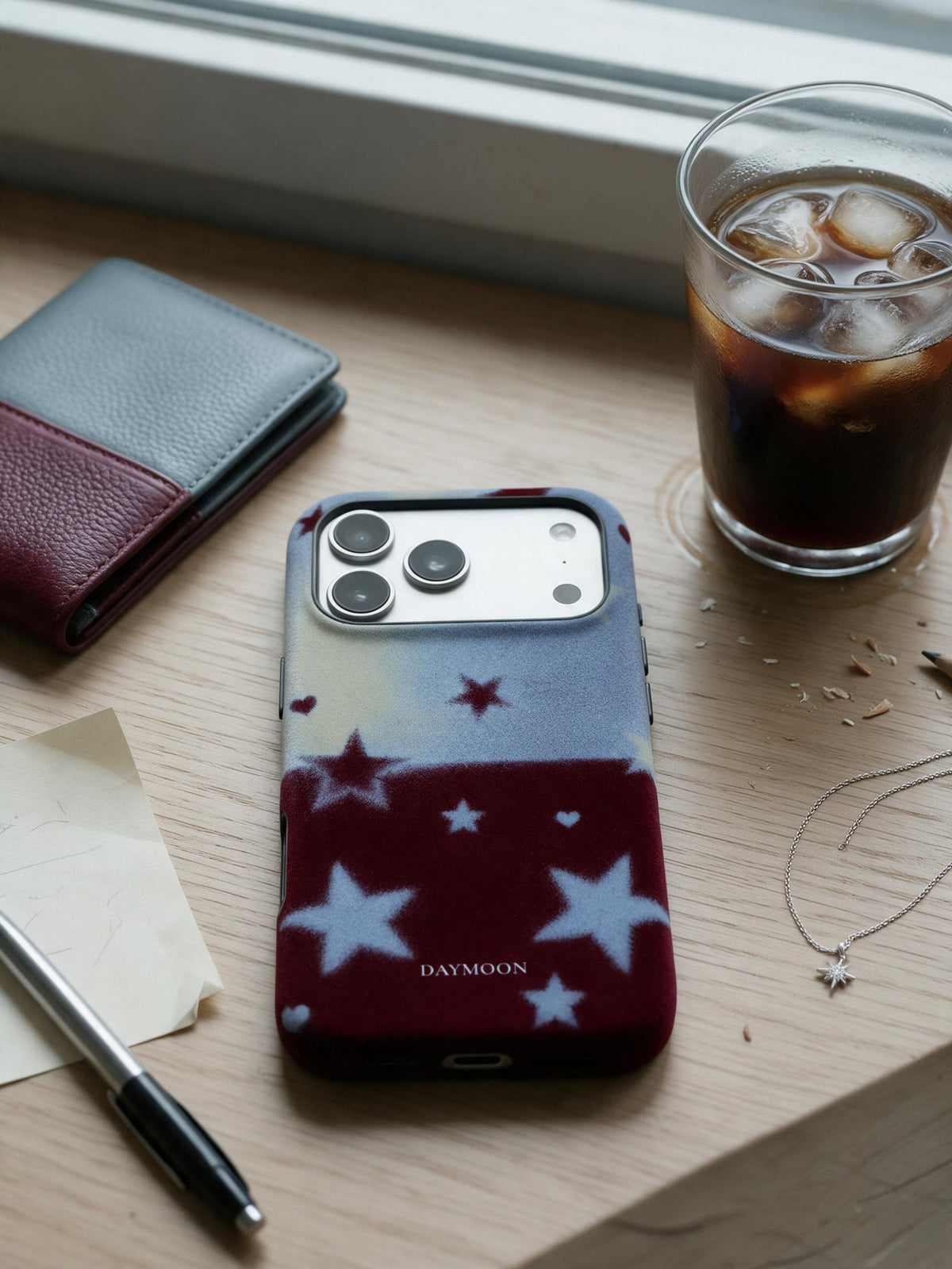 Velvet Starlight phone case in an everyday daily still life scene
