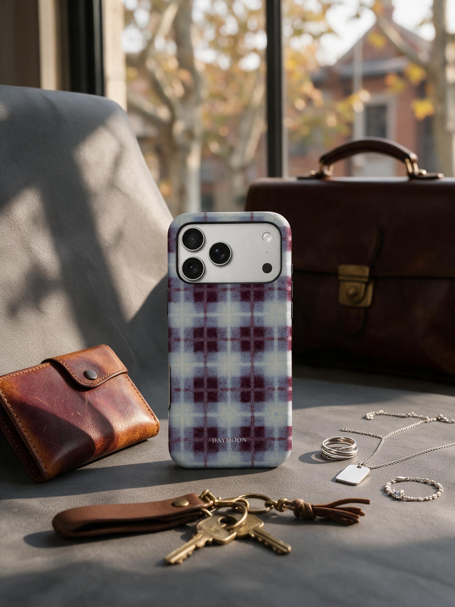 Mulberry Haze phone case in an everyday follow reference scene