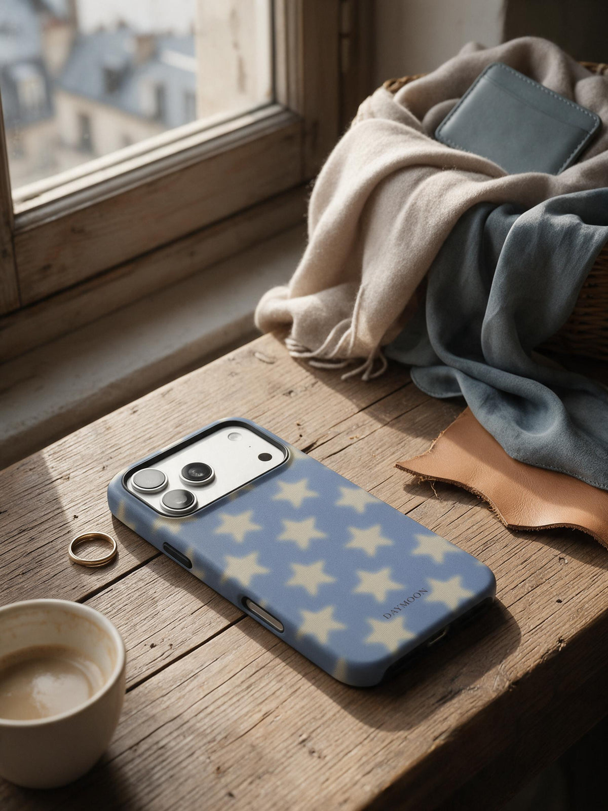 Dusky Stars phone case in an everyday daily still life scene
