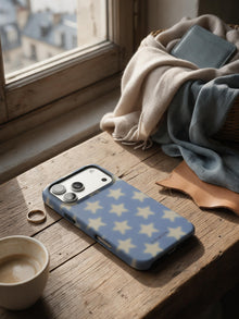 Dusky Stars phone case in an everyday daily still life scene