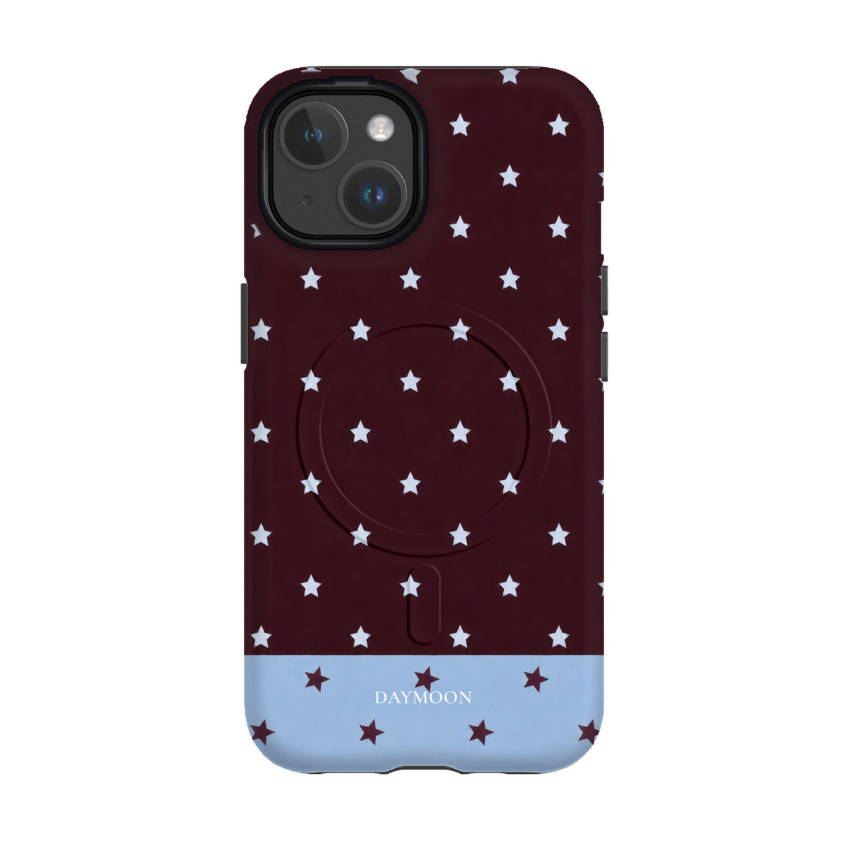 Burgundy Stars phone case on iPhone 14, Dual Layer MagSafe