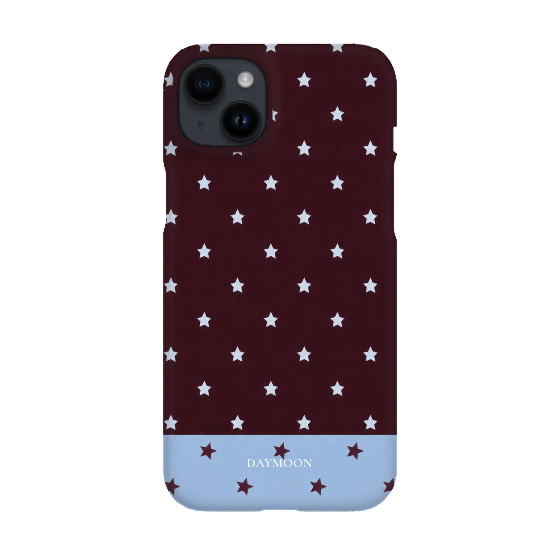 Burgundy Stars phone case on iPhone 14 Plus, Single Layer