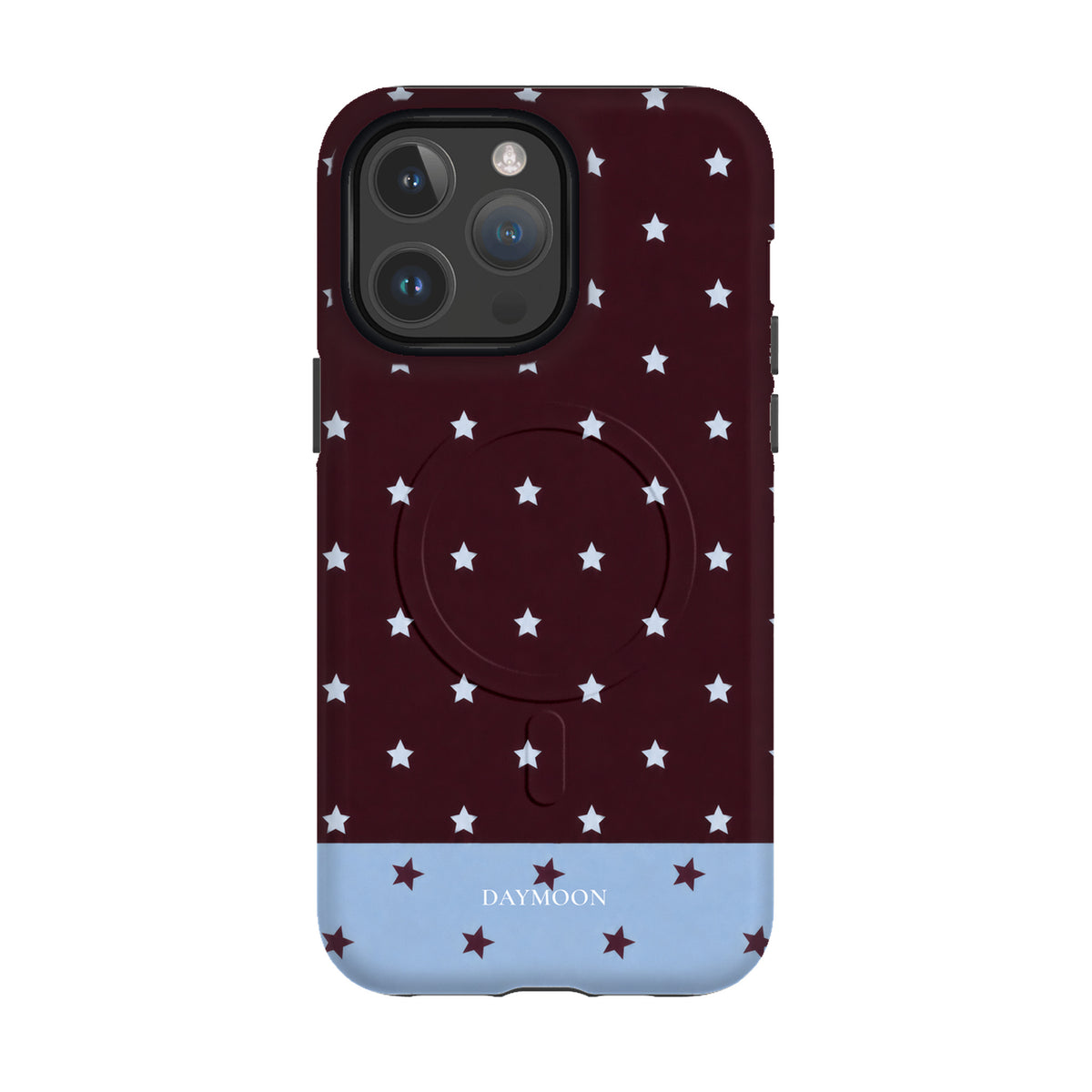 Burgundy Stars phone case on iPhone 14 Pro Max, Dual Layer MagSafe