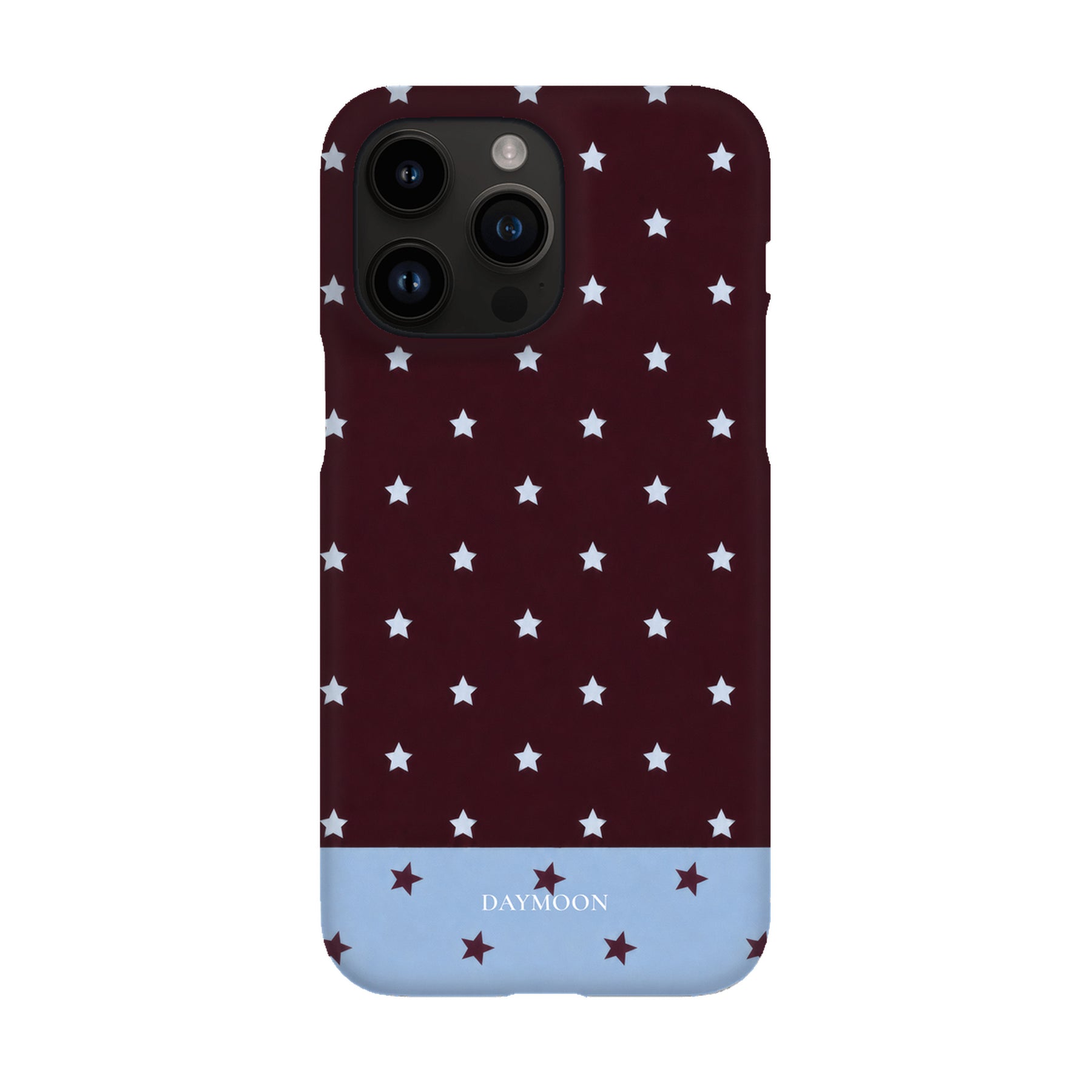 Burgundy Stars phone case on iPhone 14 Pro Max, Single Layer