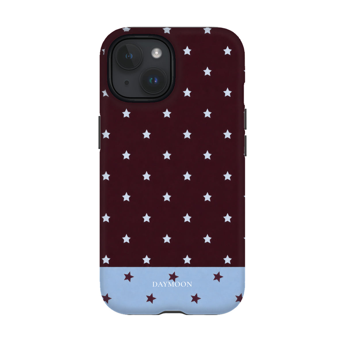Burgundy Stars phone case on iPhone 15, Dual Layer