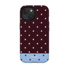 Burgundy Stars phone case on iPhone 15, Dual Layer
