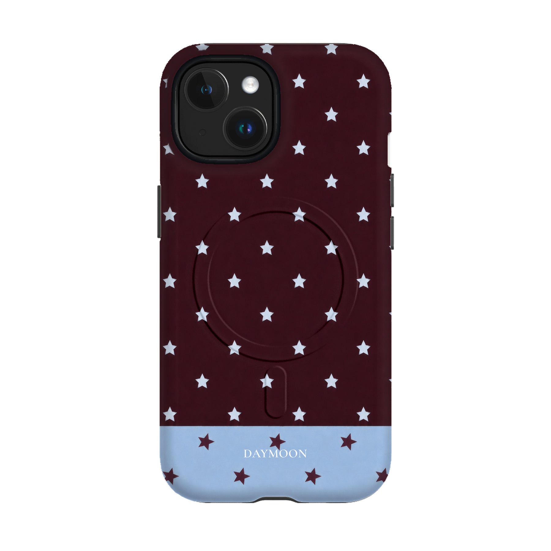 Burgundy Stars phone case on iPhone 15, Dual Layer MagSafe
