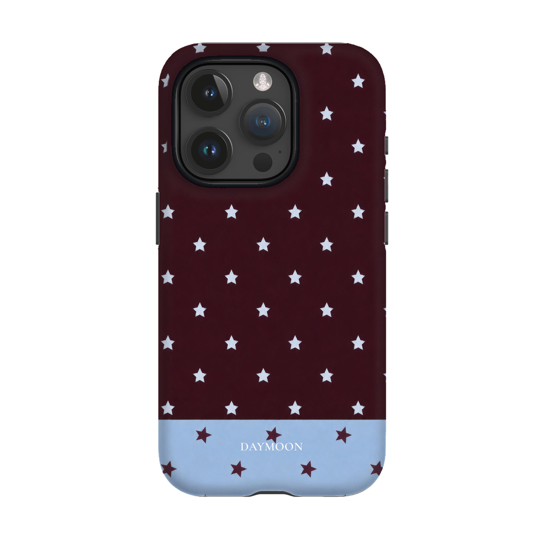 Burgundy Stars phone case on iPhone 15 Pro, Dual Layer