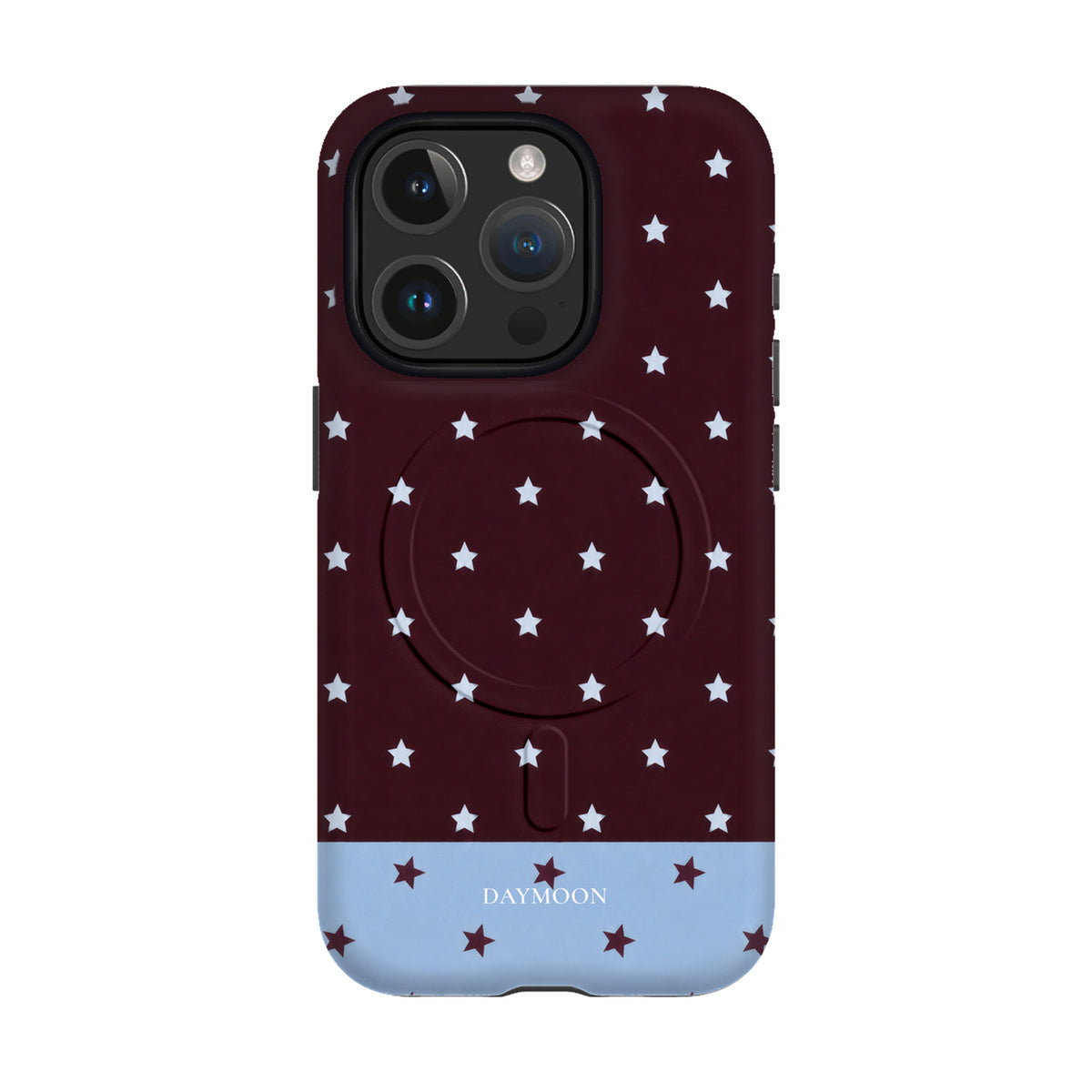 Burgundy Stars phone case on iPhone 15 Pro, Dual Layer MagSafe