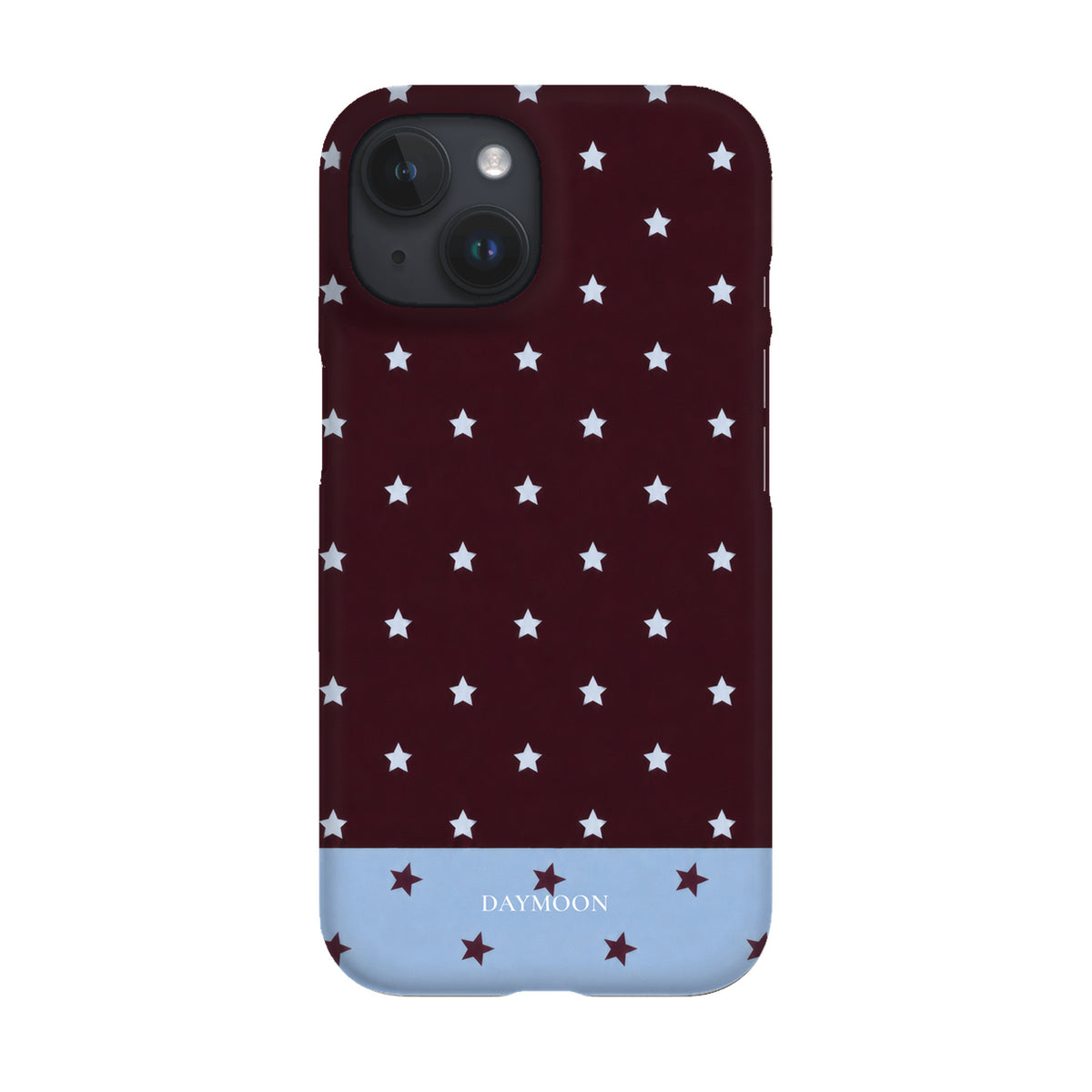 Burgundy Stars phone case on iPhone 15, Single Layer