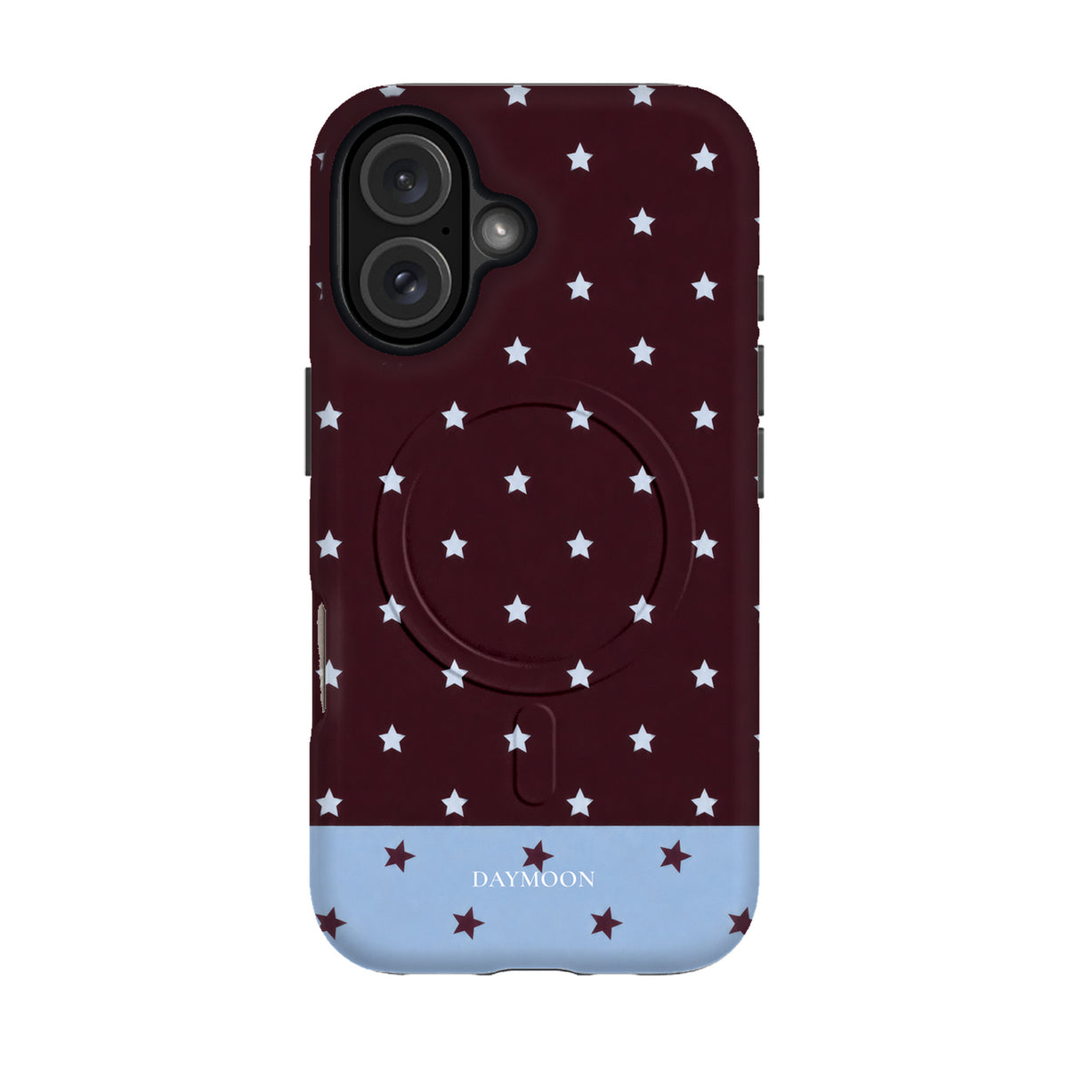 Burgundy Stars phone case on iPhone 16, Dual Layer MagSafe