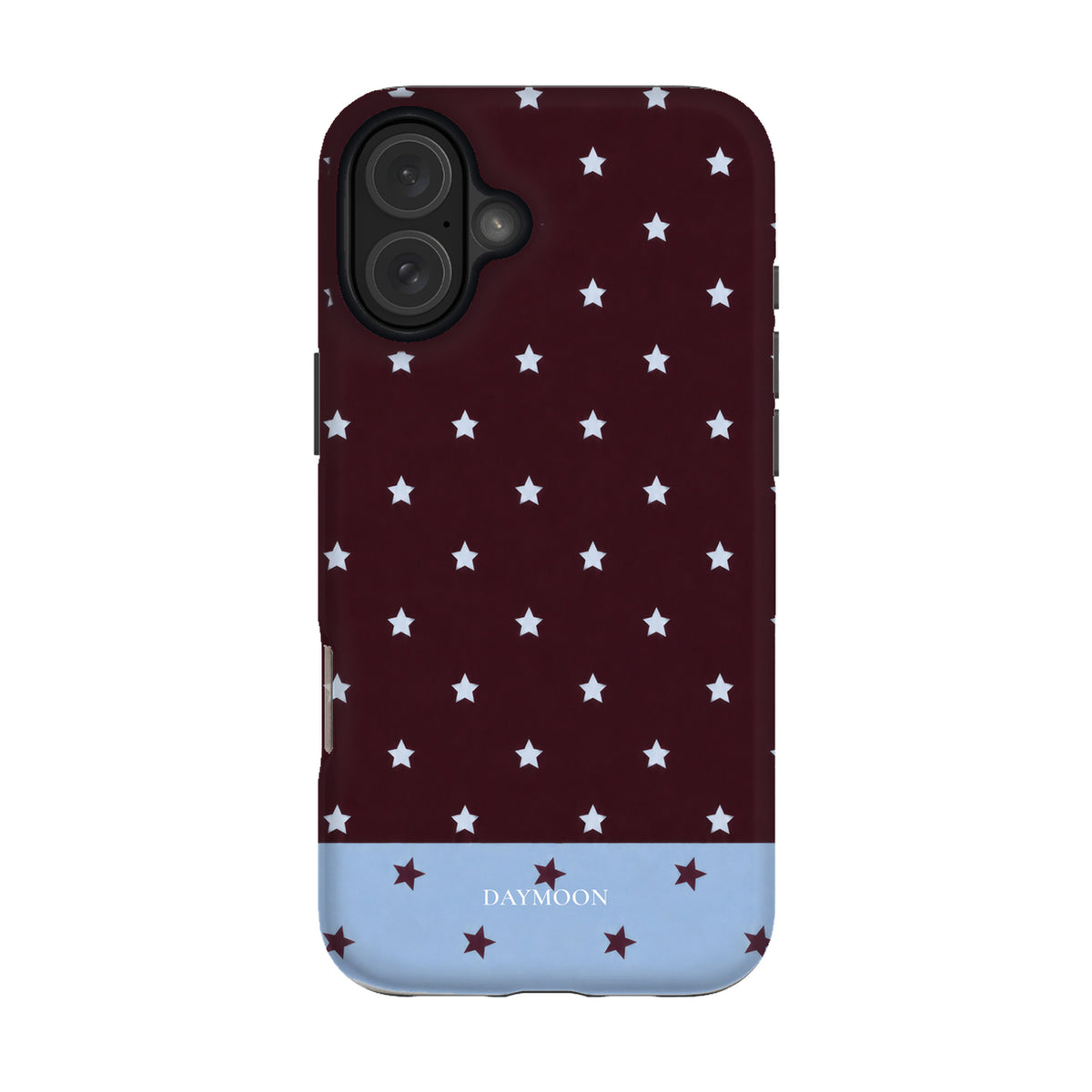 Burgundy Stars phone case on iPhone 16 Plus, Dual Layer