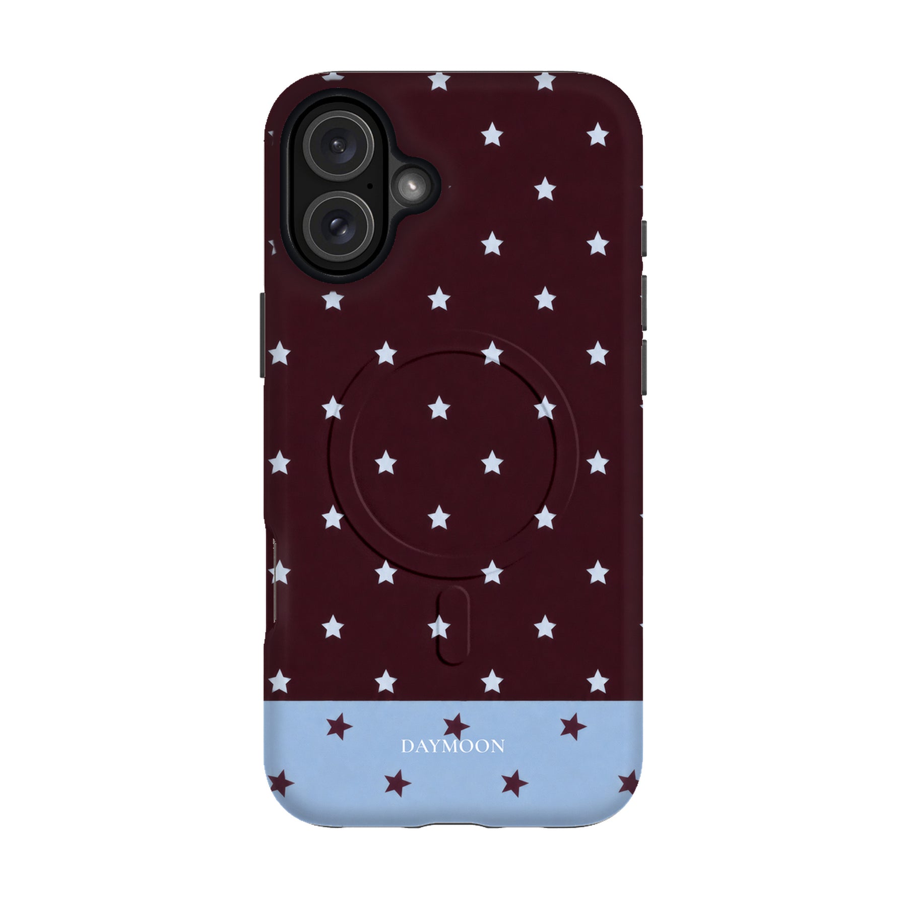 Burgundy Stars phone case on iPhone 16 Plus, Dual Layer MagSafe