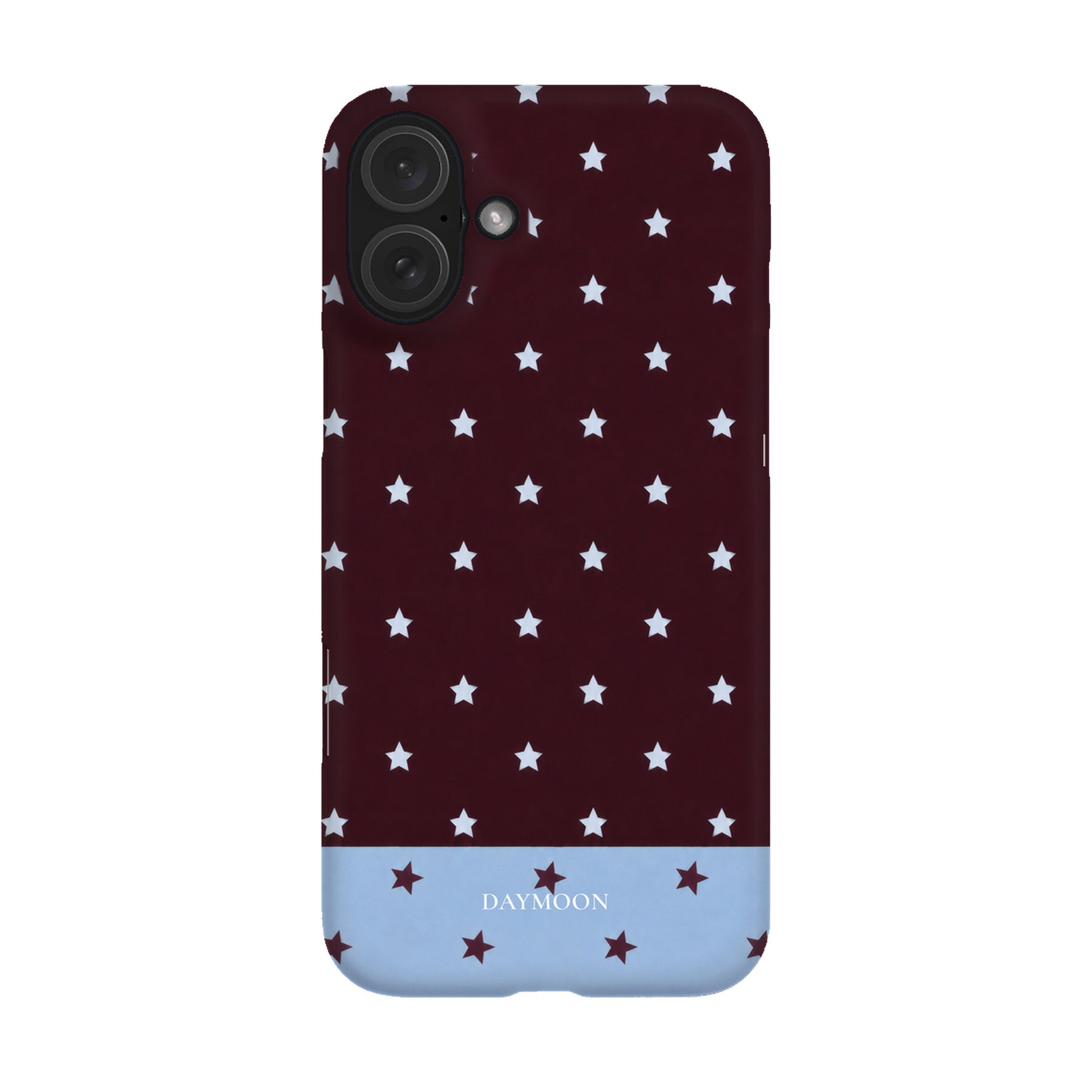 Burgundy Stars phone case on iPhone 16 Plus, Single Layer