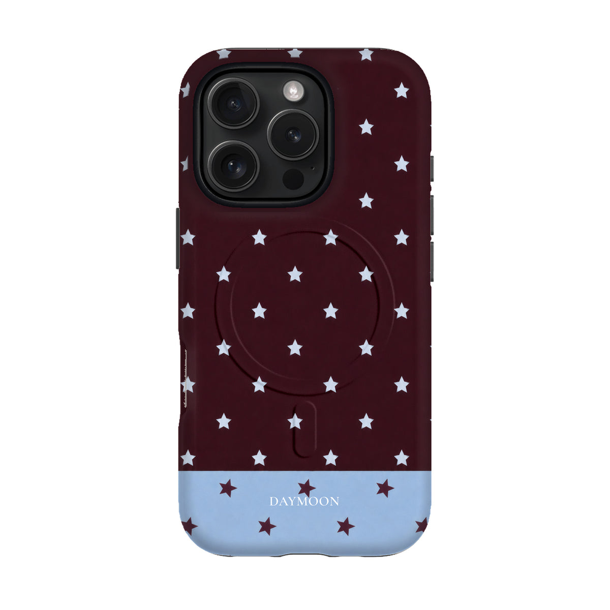 Burgundy Stars phone case on iPhone 16 Pro, Dual Layer MagSafe